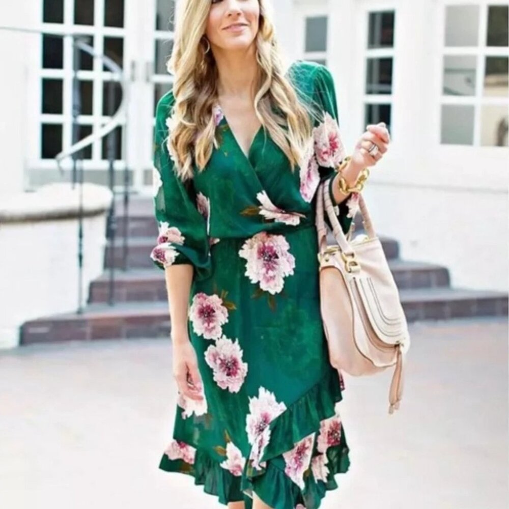 Tracy Reese Green Floral Long Sleeve Dress